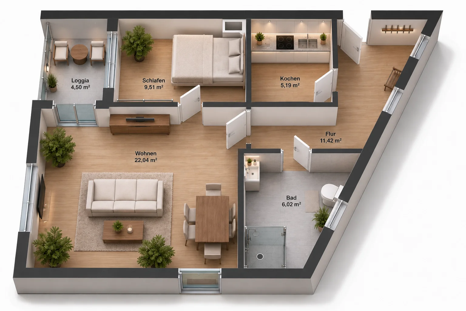 Grundriss der Wohnung BH33WE45, 56,74 m²
